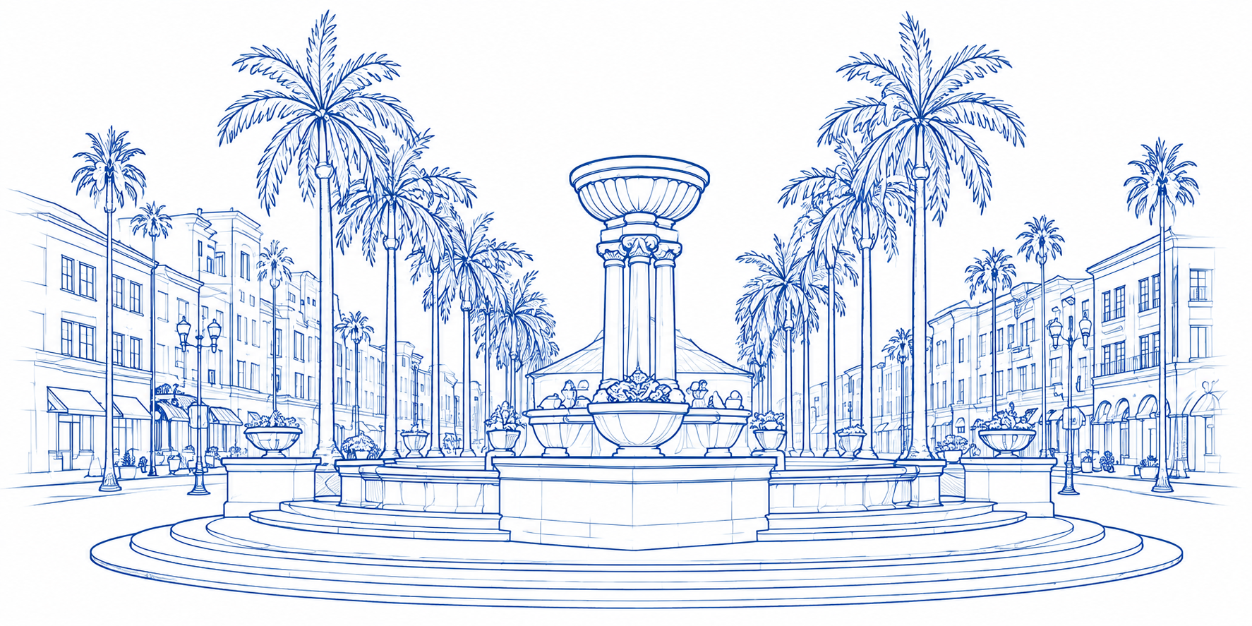Blueprint-style line illustration of a Boca Raton plaza fountain framed by palm trees