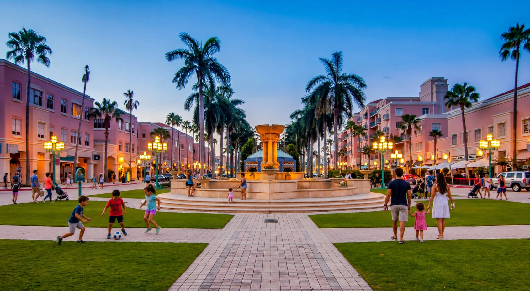 Mizner Park plaza in Boca Raton at dusk with families walking near the fountain